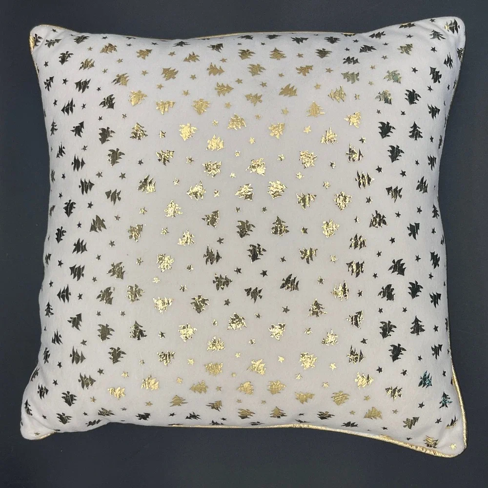 Gold & White Christmas Tree Pattern Pillow Metallic Faux Leather Back 12